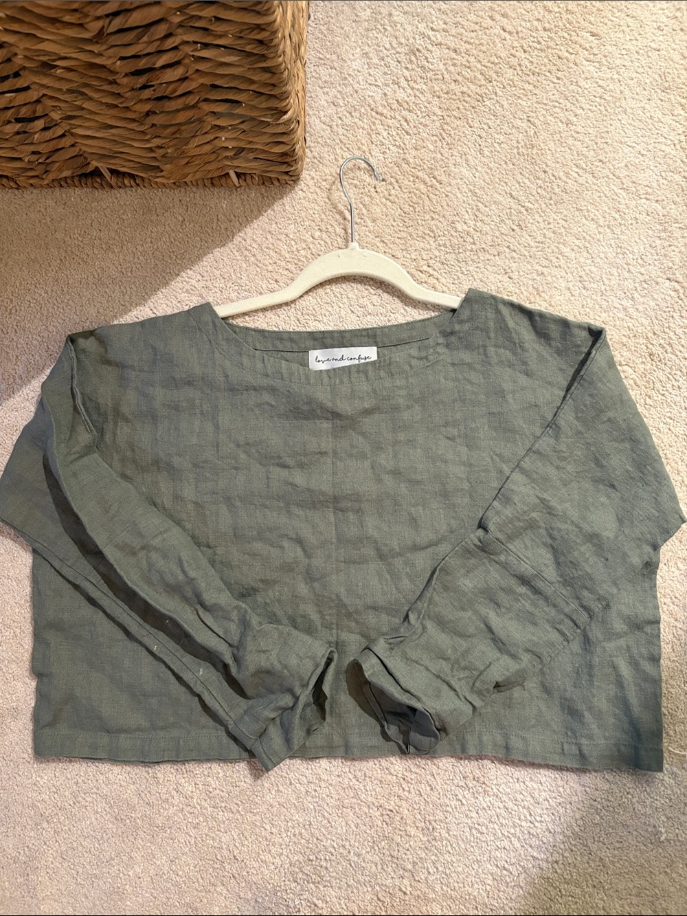 Linen Boxy Cropped Long-Sleeve Top in Sage Green - Etsy Brand